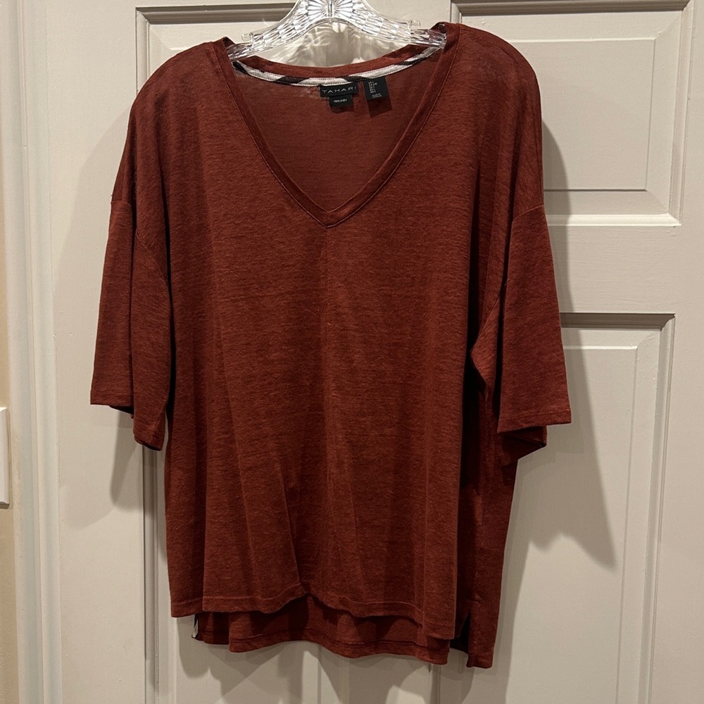 Tahari Women's Short Sleeve 100% Linen Top - Deep Rust